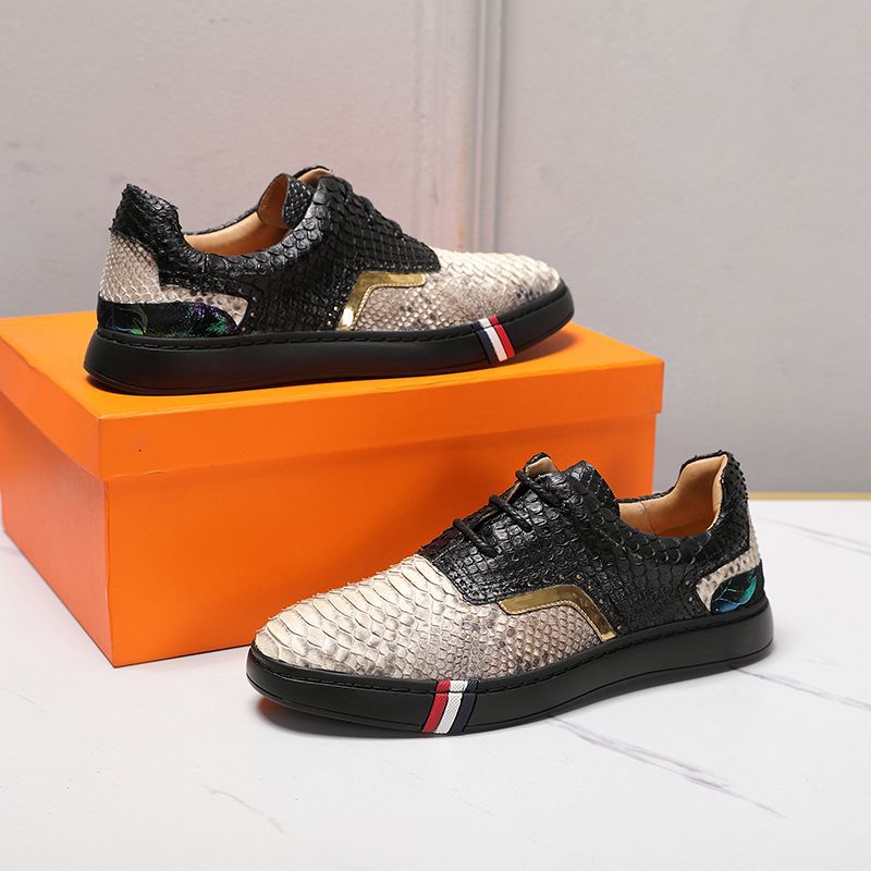2023年新款时尚休闲原花蛇皮配色运动鞋橡胶底男士真皮板鞋批发